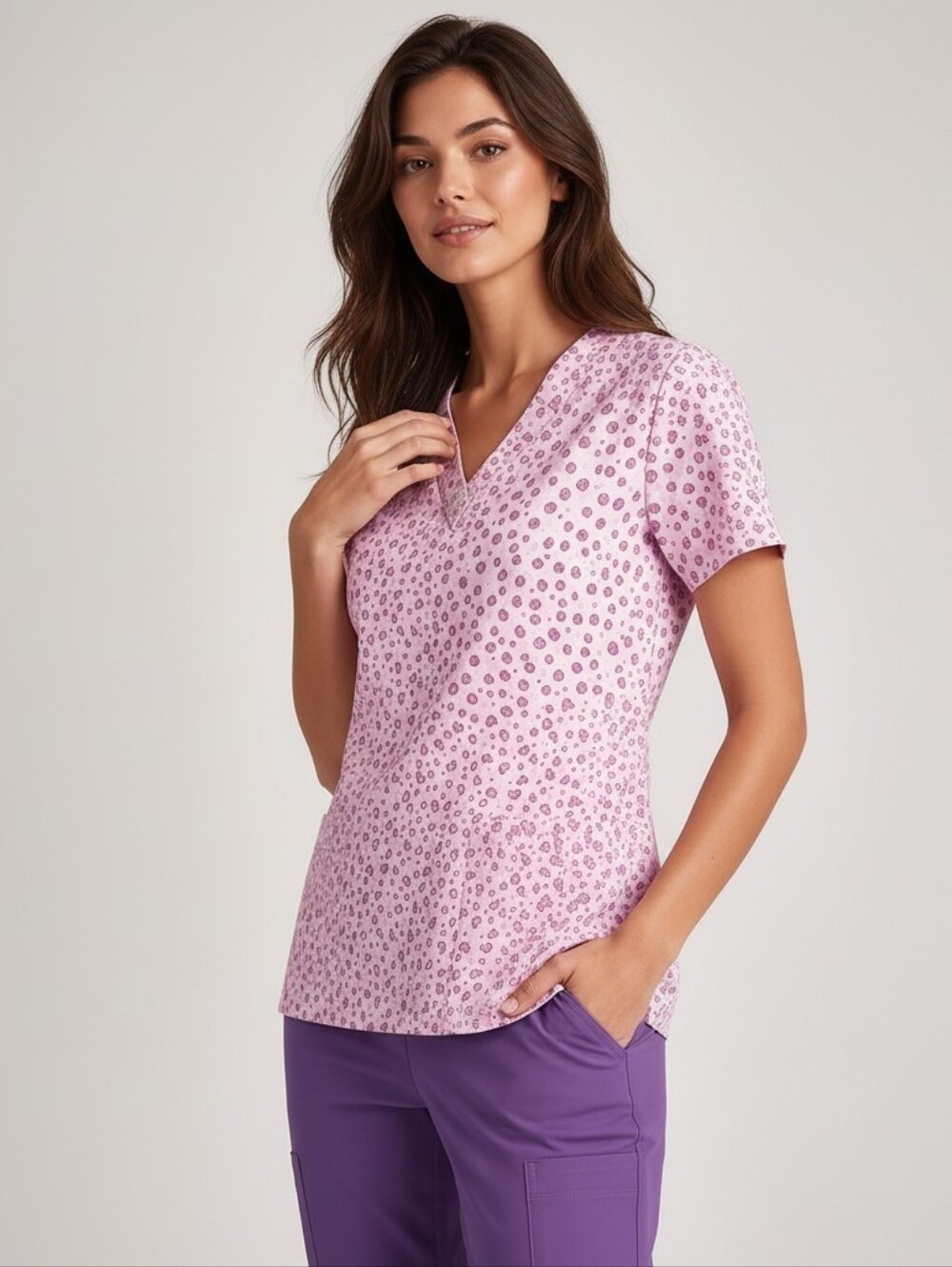White Cross Women's Purple Heart Animal Print V-Neck Scrub Top, EUC, XL